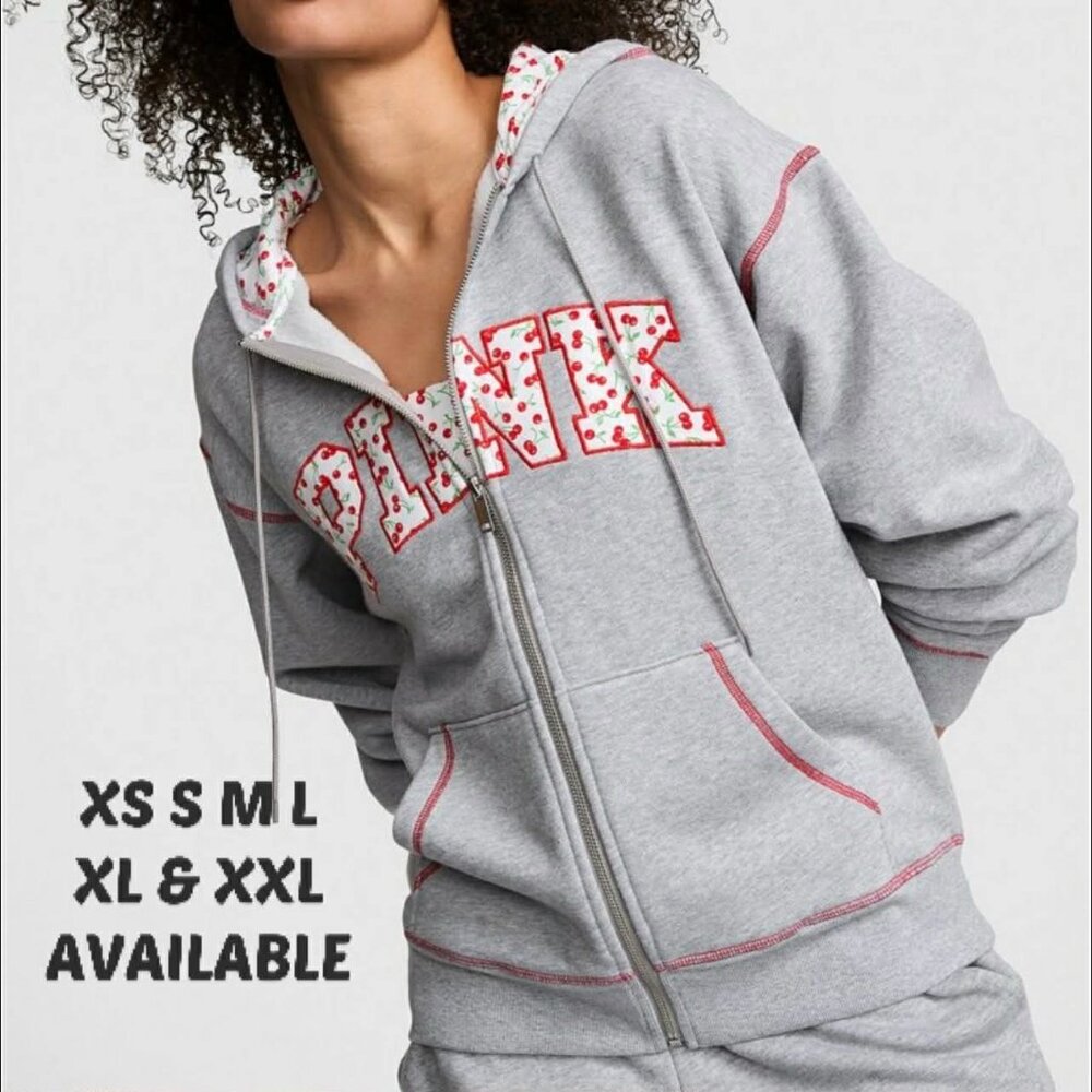 PINK FRANKIES x BERRY FULL ZIP HOODED SWEATSHIRT IN HEATHER GREY ON HAND XS-XL